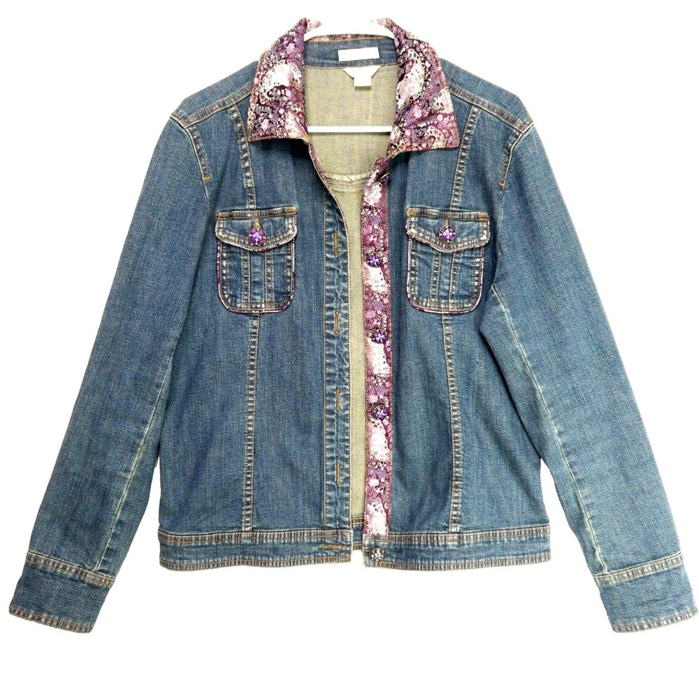 VTG Christopher Banks Trucker Jacket Womens M Rhinestone Button Stretch Denim